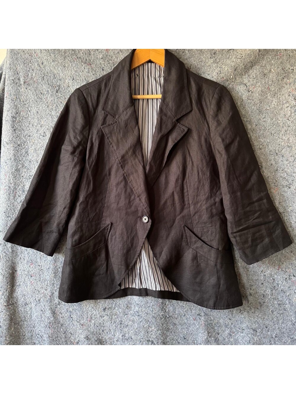 Black Linen Blend Blazer Single Button Striped Lining Angled Pockets Flaw